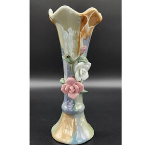 Vintage Iridescent Glaze Porcelain Vase with Applied Flowers